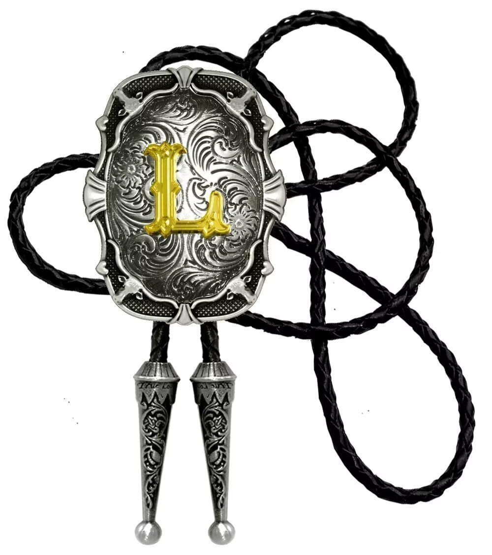 1209 Bolo Tie Silver Initial Letter A to Z In Western Cowboy Medal Style